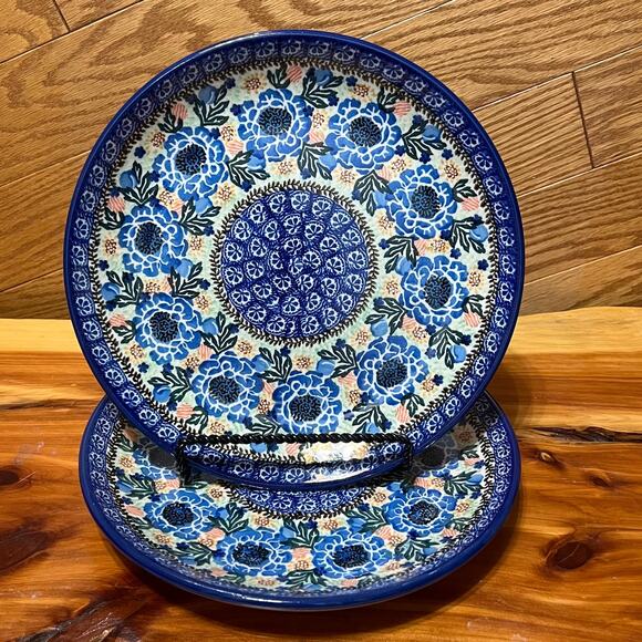 Unikat Polish Pottery Ceramika Blue Floral M. Starzyk 2290 Dinner Plate 10" Two - Picture 1 of 9